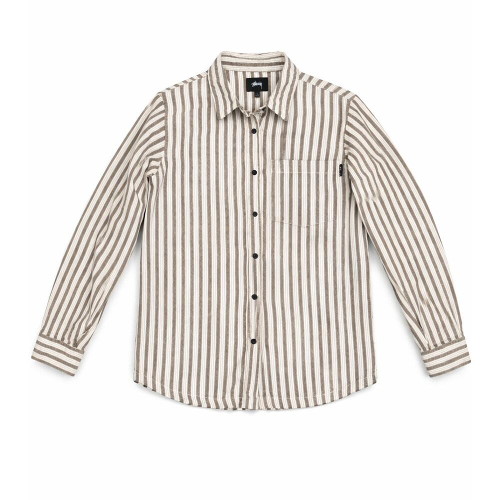 Stüssy Men’s Striped Button-Up Shirt Size Small Neutral Brown White Long Sleeve